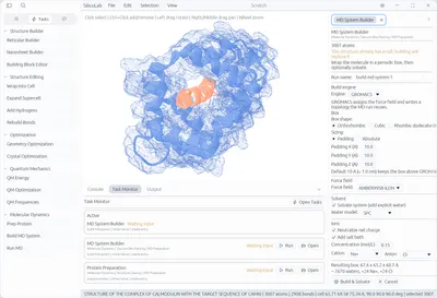 SilicoLab 主窗口，3D 查看器中显示一个分子结构